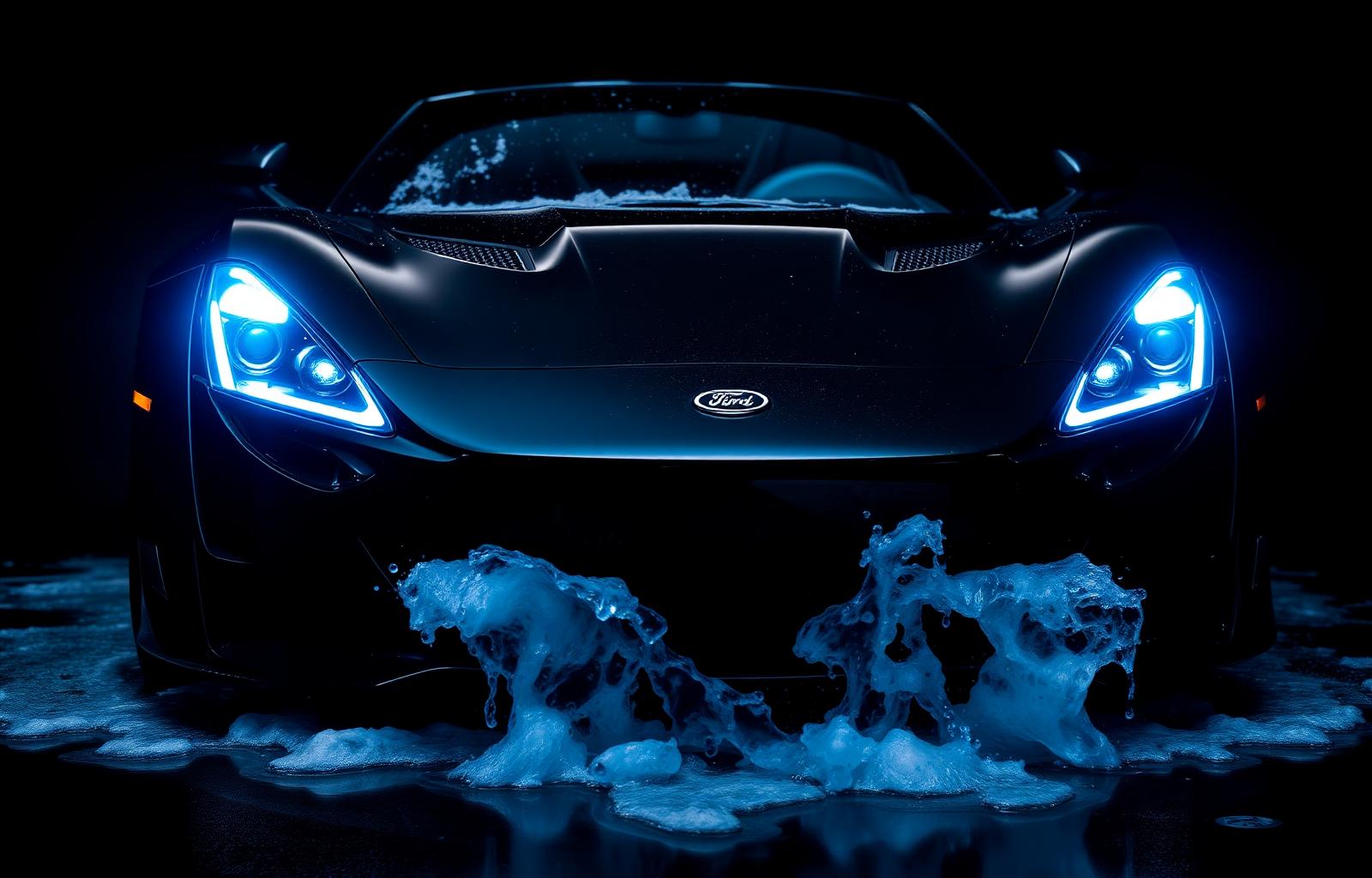 Detailed black sports car with glowing blue accents
